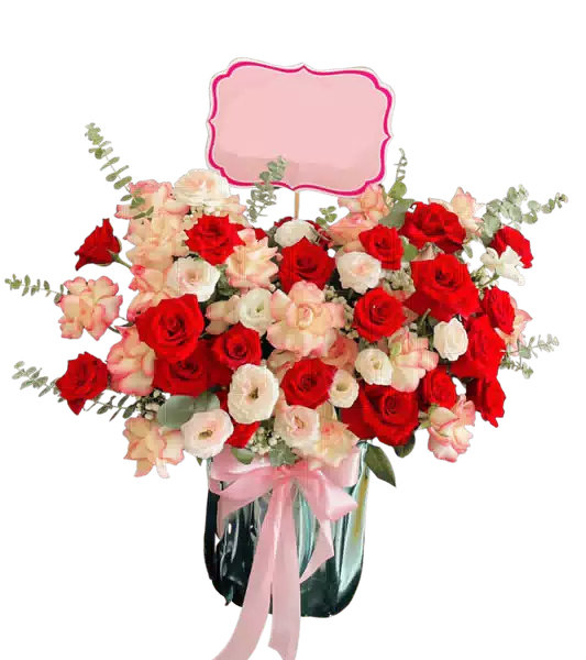 Bình Hoa Hồng Đỏ phối Lan Cymbidium Hồng Kem 0048