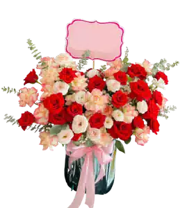 Bình Hoa Hồng Đỏ phối Lan Cymbidium Hồng Kem