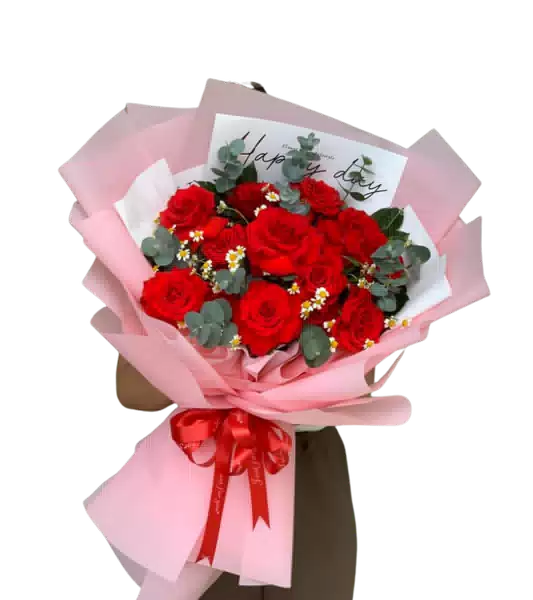 Bó Hoa Đỏ Gói Hồng Nổi Bật