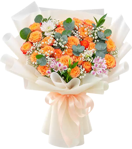 Bó Hoa Hồng Cam Phối Hoa Trắng Hồng