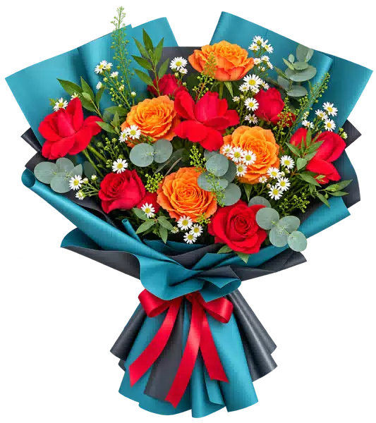 Bó Hoa Hồng Đỏ Cam Phối Cúc Trắng
