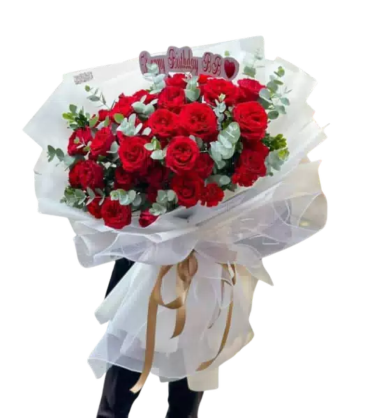 Bó Hoa Hồng Đỏ Gói Trắng Dịu Dàng