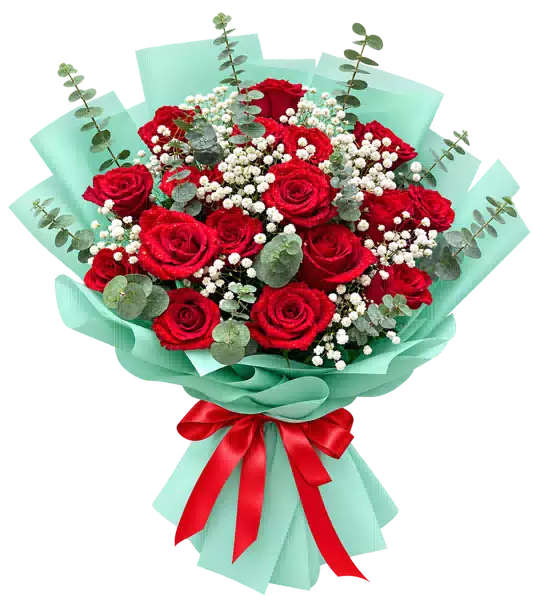 Bó Hoa Hồng Đỏ Gói Xanh Mint
