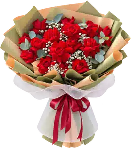 Bó Hoa Hồng Đỏ Gói Xanh Ô Liu