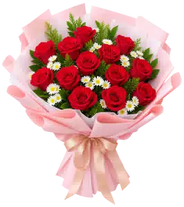 Bó Hoa Hồng Đỏ Phối Cúc Trắng Gói Hồng