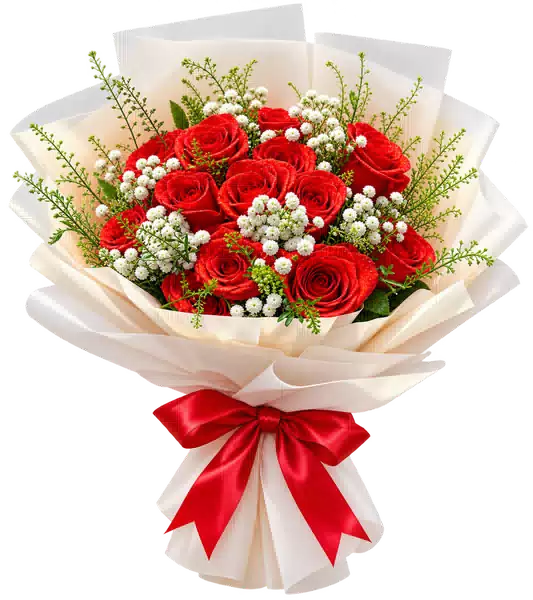 Bó Hoa Hồng Đỏ Phối Hoa Phụ