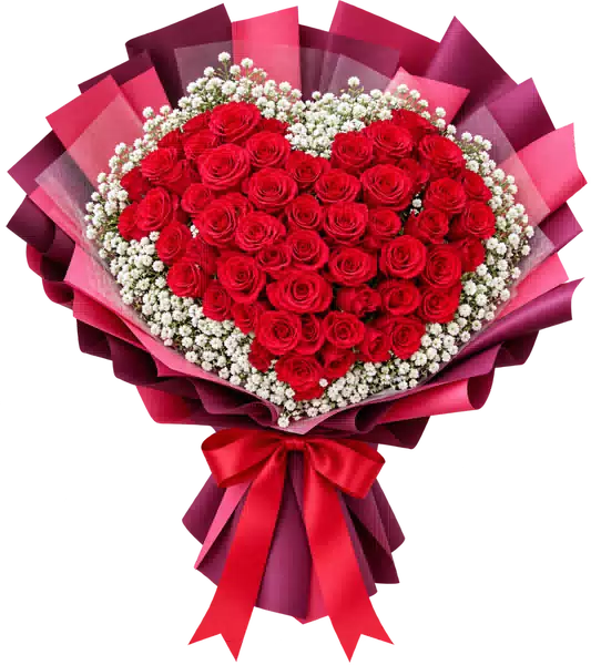 Bó Hoa Hồng Đỏ Trái Tim Gói Đỏ Rượu