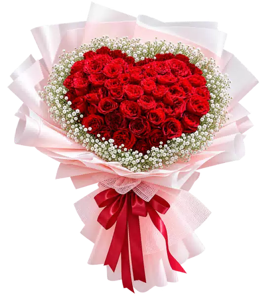 Bó Hoa Hồng Đỏ Trái Tim Gói Hồng Nhạt