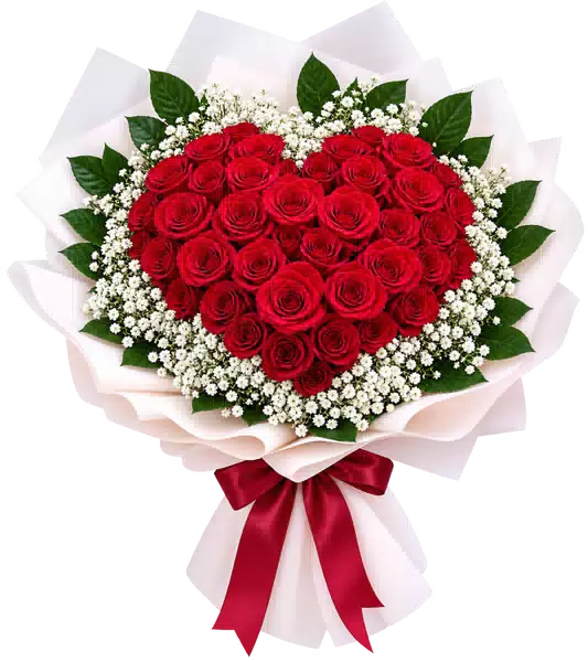 Bó Hoa Hồng Đỏ Trái Tim Gói Trắng