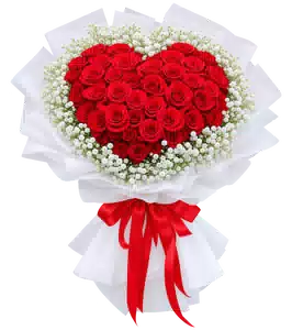 Bó Hoa Hồng Đỏ Trái Tim Gói Trắng Nơ Đỏ