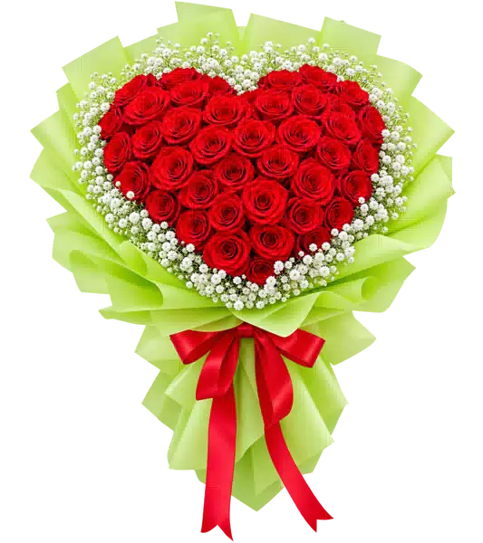 Bó Hoa Hồng Đỏ Trái Tim Gói Xanh