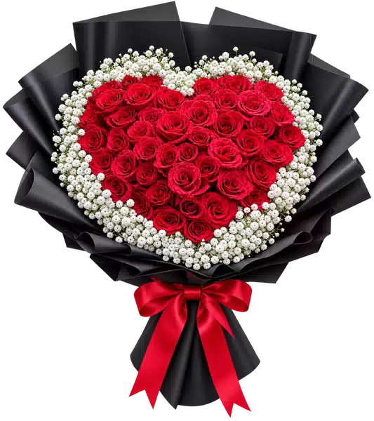 Bó Hoa Hồng Đỏ Xếp Trái Tim Gói Đen