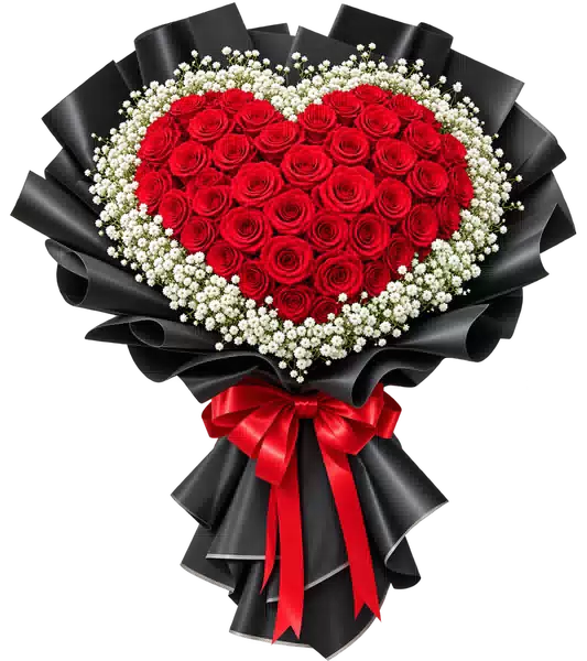 Bó Hoa Hồng Đỏ Xếp Trái Tim Gói Đen