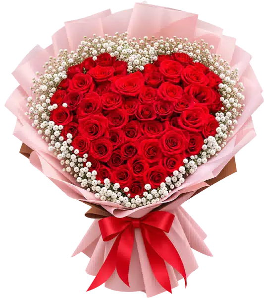 Bó Hoa Hồng Đỏ Xếp Trái Tim Gói Hồng