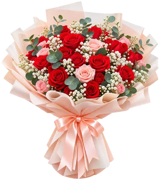 Bó Hoa Hồng Hồng Phối Hoa Phụ