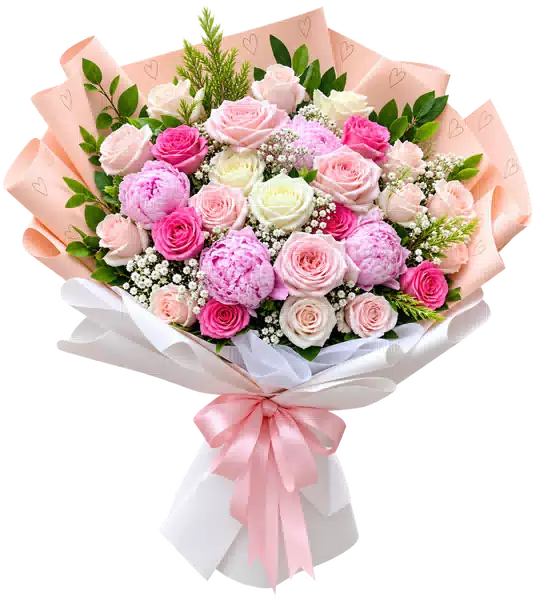 Bó Hoa Hồng Hồng Phối Hoa Phụ