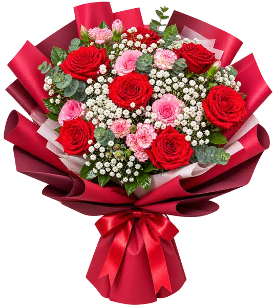 Bó Hoa Hồng Hồng Phối Hoa Phụ