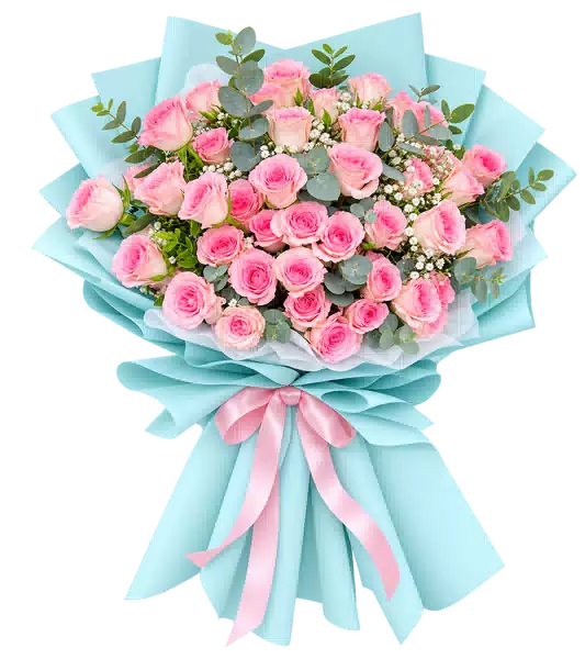 Bó Hoa Hồng Phấn Gói Xanh