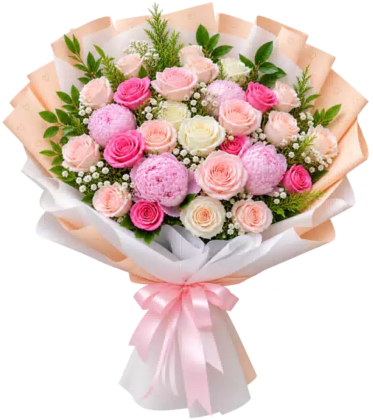 Bó Hoa Hồng Phấn Phối Mẫu Đơn Hồng