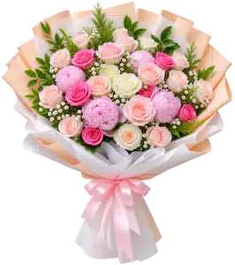 Bó Hoa Hồng Phấn Phối Mẫu Đơn Hồng