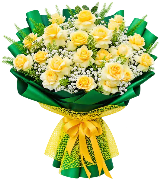Bó Hoa Hồng Vàng Gói Xanh Lục