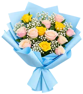 Bó Hoa Hồng Vàng Hồng Gói Xanh