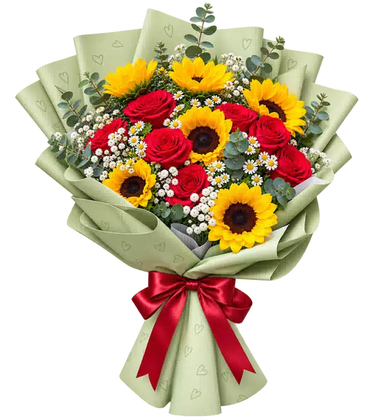 Bó Hoa Hướng Dương Phối Hoa Hồng Đỏ
