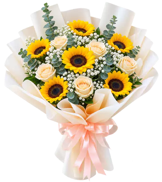 Bó Hoa Hướng Dương Phối Hoa Hồng Kem