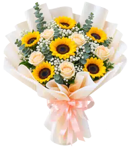 Bó Hoa Hướng Dương Phối Hoa Hồng Kem