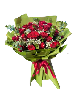 Bó Hoa Tone Đỏ Giấy Gói Xanh Lá