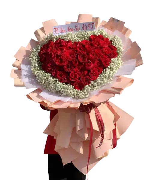 Bó Hoa Trái Tim Đỏ Gói Hồng