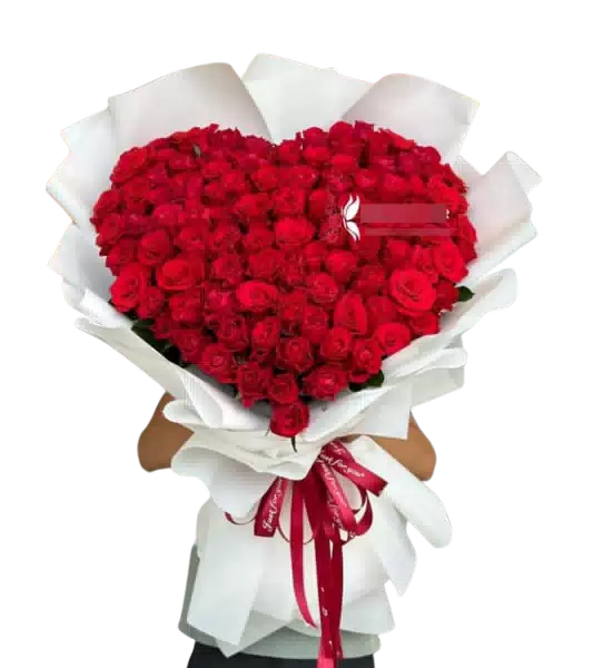 Bó Hoa Trái Tim Đỏ Gói Trắng