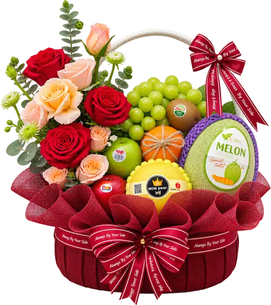 Giỏ Dưa Lưới Nho Xanh Phối Hoa Hồng Đỏ
