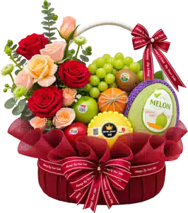Giỏ Dưa Lưới Nho Xanh Phối Hoa Hồng Đỏ