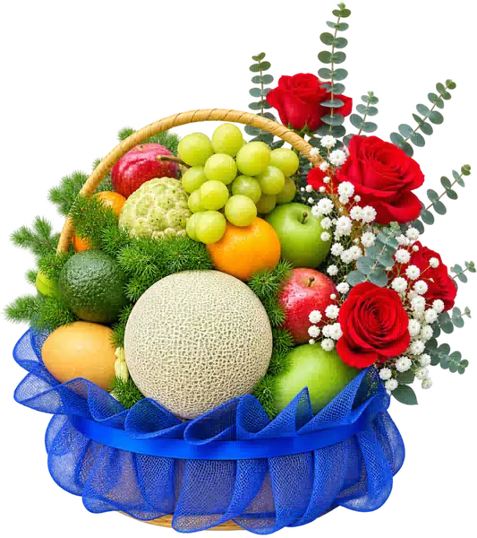 Giỏ Dưa Lưới Nho Xanh Phối Hoa Hồng Đỏ