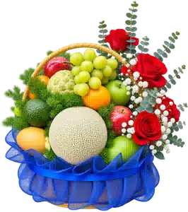 Giỏ Dưa Lưới Nho Xanh Phối Hoa Hồng Đỏ