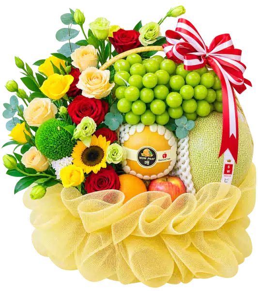 Giỏ Dưa Lưới Nho Xanh Phối Hoa Vàng Đỏ