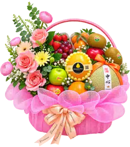 Giỏ Dưa Lưới Phối Hoa Hồng Hồng