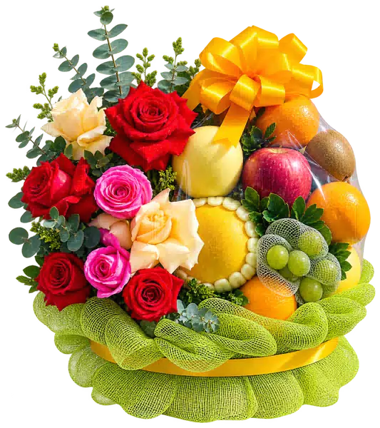 Giỏ Dưa Lưới Phối Hoa Hồng Nhiều Màu
