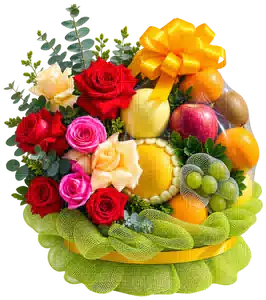 Giỏ Dưa Lưới Phối Hoa Hồng Nhiều Màu