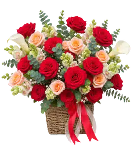 Giỏ Hoa Hoa Hồng Tông Đỏ Cam