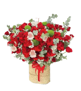 Giỏ Hoa Hồng Đỏ phối Cúc Nút Xanh