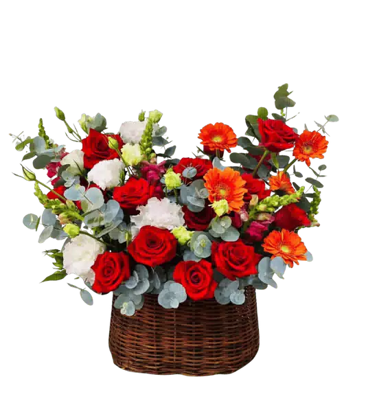 Giỏ Hoa Hồng Đỏ phối Đồng Tiền Cam