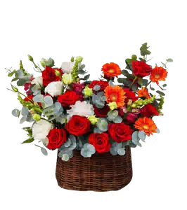 Giỏ Hoa Hồng Đỏ phối Đồng Tiền Cam