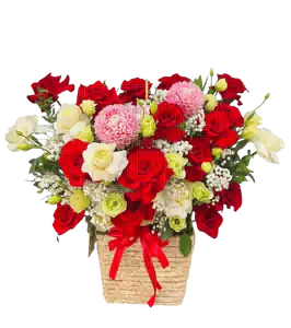 Giỏ Hoa Hồng Đỏ phối Hồng Kem