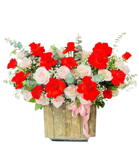 Giỏ Hoa Hồng Đỏ phối Hồng Trắng Phấn