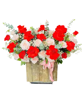 Giỏ Hoa Hồng Đỏ phối Hồng Trắng Phấn