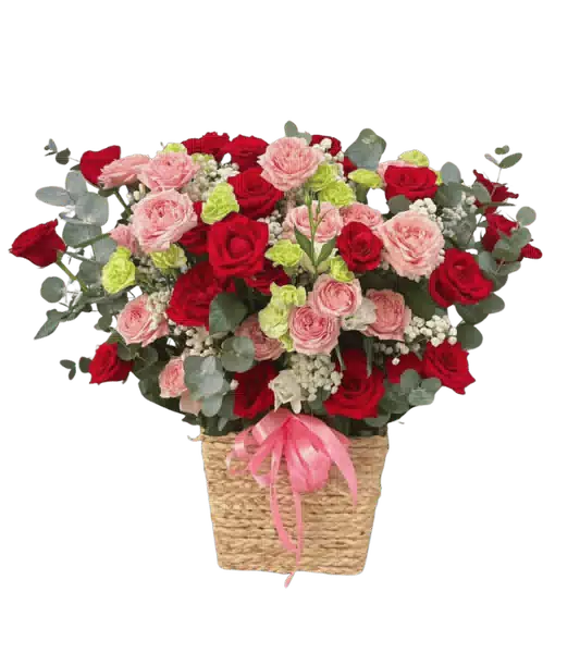 Giỏ Hoa Hồng Đỏ và Hồng Phấn phối Cẩm Chướng Xanh