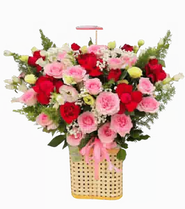 Giỏ Hoa Hồng Đỏ và Hồng Phấn phối Hồng Kem