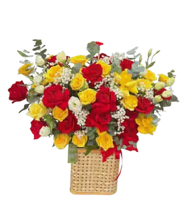 Giỏ Hoa Hồng Đỏ và Vàng phối Hoa Trắng Nhỏ